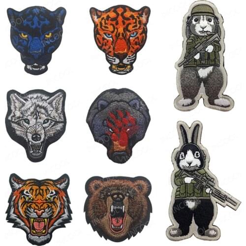 Animal Embroidery Patch Leopard Tiger Bear Wolf Bee Rabbit Tactical Military Patches Appliques Emblem Embroidered Badges