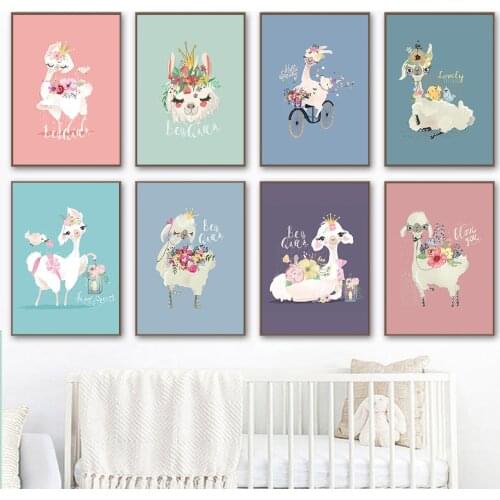 Wall Art Canvas Painting Colored Flowers Alpaca Bird Bicycle Nordic Posters And Prints Cartoon Wall Pictures For Kids Room Decor