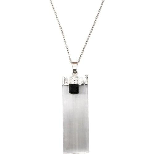 Raw Selenite Pendant Blade Natural Crystal Healing Gemstones with Black Tourmaline Necklace with Metal Chain 18"
