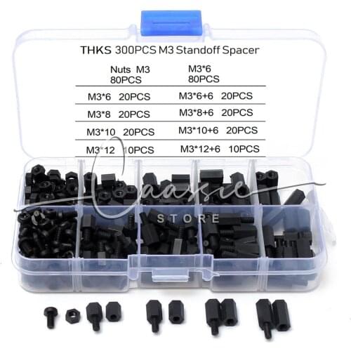 300PCS M3 Male Female Nylon Hex Spacer Standoffs Screws Nuts Assortment Kit Threaded Pillar PCB Motherboard Black