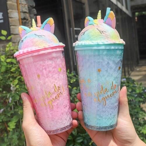 New Unicorn Ice Cup Lovely Girls' Wind Gradient Fraser Fashion Student Gift Cup Water Bottle Waterbottle with Straw Cute