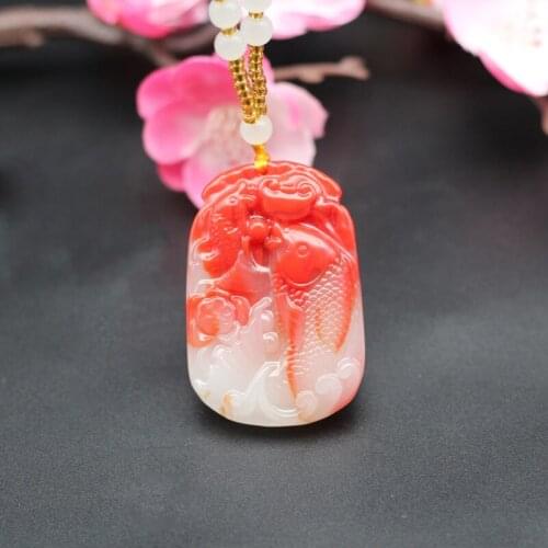 Fish Natural Red White Jade Carp Pendant Necklace Bead Chinese Hand-Carved Charm Jewelry Fashion Amulet Men Women Lucky Gifts