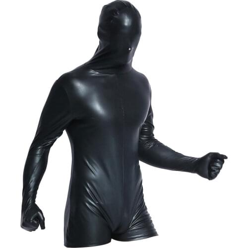 Sexy Men Mask Full Body Shiny BodySuit PU Faux Leather Sexy Tight Cosplay Catsuit One-piece DS Club Stage Gay Wear Plus Size F46
