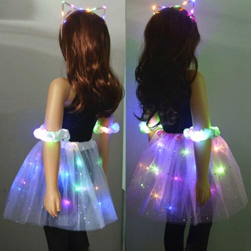 Christmas Girl Kids Neon LED Tutu Skirt Party Stage Dance Wear Layered Tulle Light Up Short Dress for 2-8 years old Cat Headband