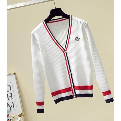 Embroidery Sweater Cardigan Women Spring Autumn Korean Striped Long Sleeve V-Neck Knitted Coat Woman Sweaters Sueters De Mujer