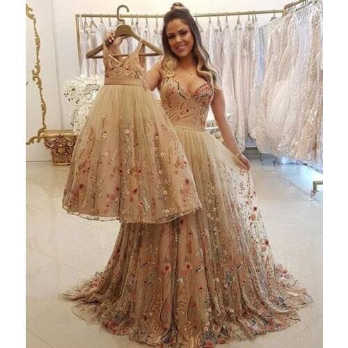 Champagne Evening Dresses 2021 Spaghetti Straps Mother And Daughter Prom Dresses For Wedding Formal Party Night Vestidos Largos