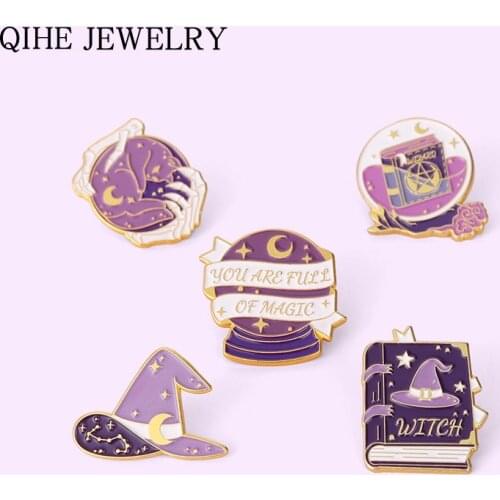 Purple Magic Witch Enamel Pins Wizard Book Brooches for Women Punk Gothic Bag Clothes Lapel Pin Badge Jewelry Gift Wholesale
