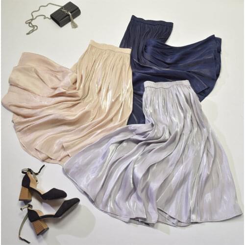 2021 New Women Summer Elastic High Waist Silky Long Pleated Skirt A-line Rayon Casual Skirts