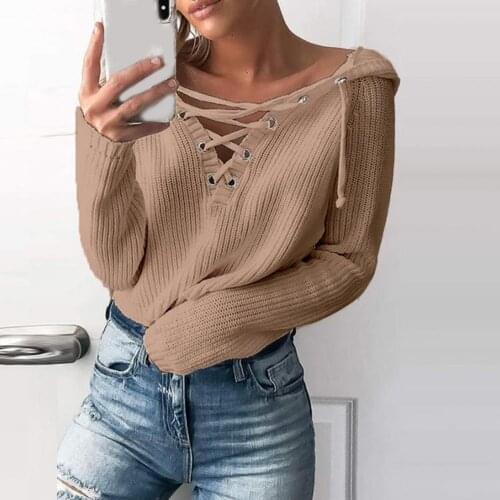Women Sweaters Solid Color Long Sleeve Hooded Pullovers Sweaterss for Women Front Cross Bandage Pullover Knitwear Tops