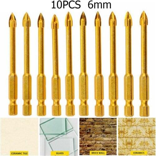 10pcs 6mm Titanium Ceramic Tile Marble Glass Drill Bits Spear Head Hex Shank For Woodworking Tools Accessories