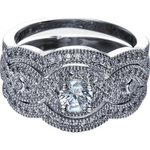 2017 hot High-quality fashion silver color wedding party bridal set DUBAI crystal finger rings white zircon 3pcs rings sets