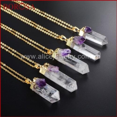 BOROSA 5pcs Gold Color Cluster Aura Druzy Quartz Crystal Point & Amethysts Druzy Pendant Necklace for Women WX009-N