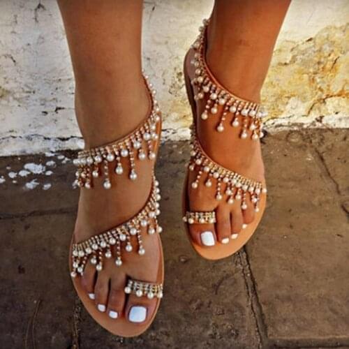 Hot Vintage Boho Sandals Women Leather Beading Flat Sandals Bohimia Beach Sandals Shoes Plus Size Summer Fashion Woman shoes
