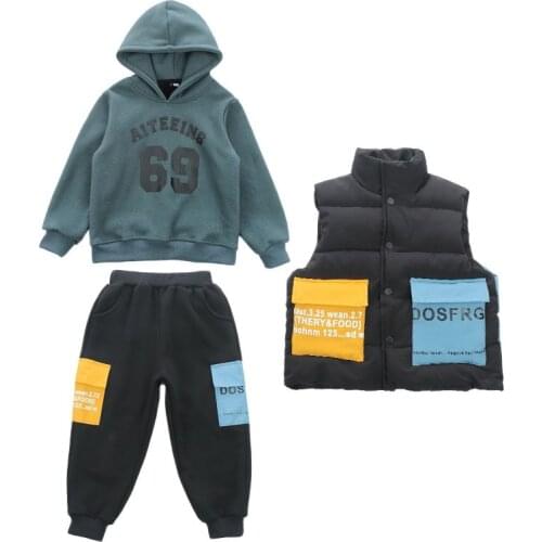 Children Fashion Sleeveless Outwear+ Sweatshirt+ Cargo Pants Set Winter Kids Boys Sport Suit Autumn Teens Tracksuit 3pcs Outfit