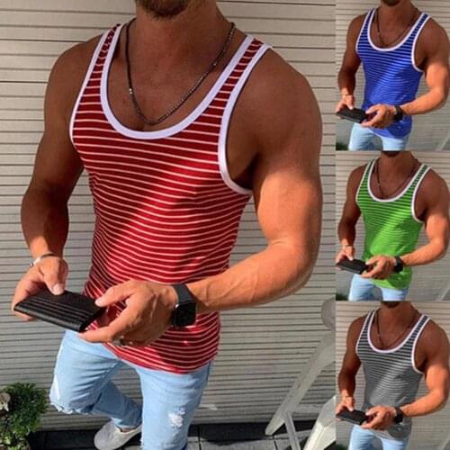 Men Vests Summer Sleeveless Shirts Men Horizontal Stripped Sports Casual Fitness Tanks O Neck Slim Mens Bodybuilding Tanks Tops