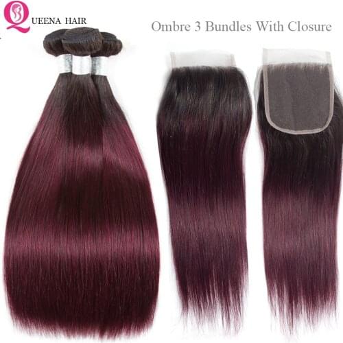 Ombre Bundles With Closure 99J Red Brazilian Hair Weave Bundles With Closure 4 Straight Human Hair Bundles With Closure Queena