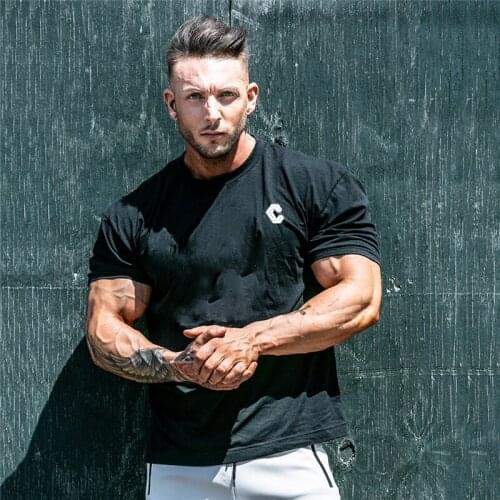 High Quality shirt Men T-shirt High Elasticity Professional Gyms Fitness O-Neck Mens T Shirts Slim Curved Hemline Raglan Sleeve
