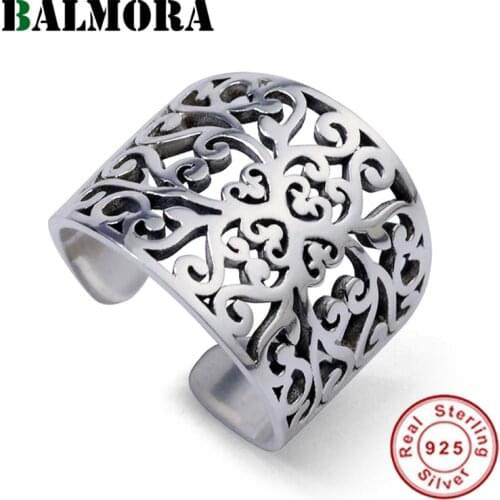 BALMORA 925 Sterling Silver Hollow Flower Simple Open Stacking Rings for Women Couple Gift Vintage Elegant Fashion Jewelry