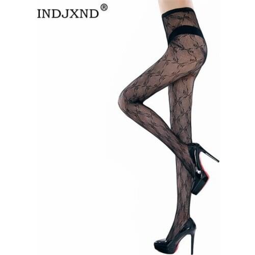 INDJXND Fishnet Styles Lace Tights For Girls Women Sexy Bow Print Pattern High Waist Pantyhose Nylon Jacquard Stockings Collant