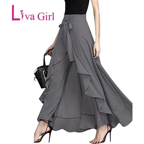 Liva Girl Autumn Casual Chiffon Pants Bow Tie Waist Ruffles Hanging Camouflage Trousers Loose Harem Pants Female Long Culottes