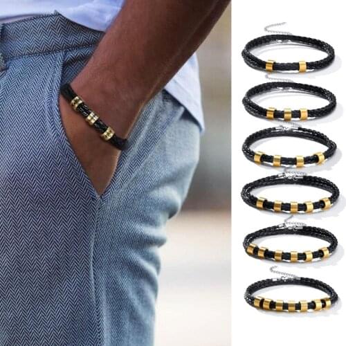 MENS ENGRAVED STEEL BEAD BRACELET PERSONALISED NAME BRACELET MEN BRAIDED LEATHER BRACELET PERSONALISED GIFT FOR MEN JEWELRY