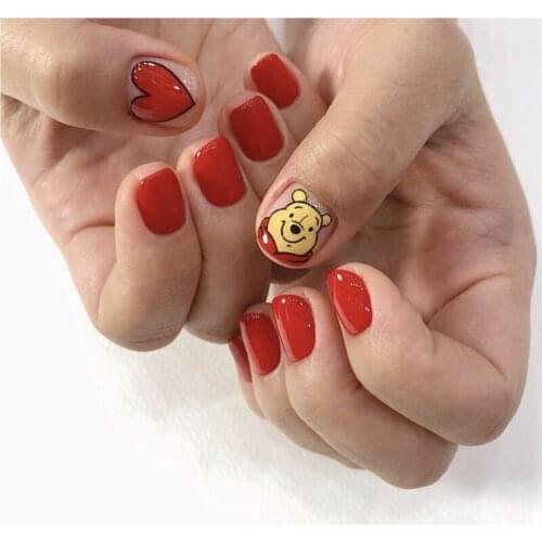 Red pure color with bear cartoon pattern fake nails short size false nails french cute lady full nail tips Nail art