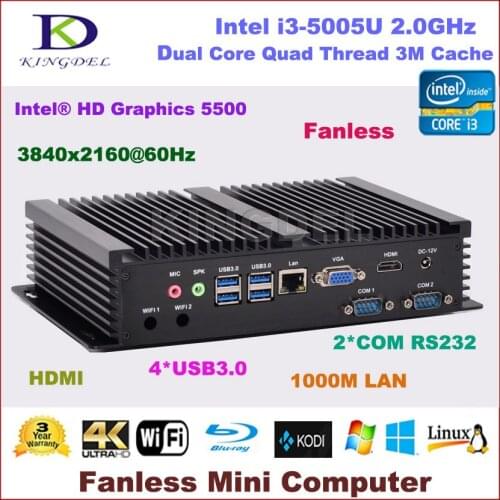 New arrival Fanless Mini PC Windows i3 5005U processor 8GB RAM mSATA 3.0 SSD 2*RS232 COM Port industrial PC Rugged computer PC