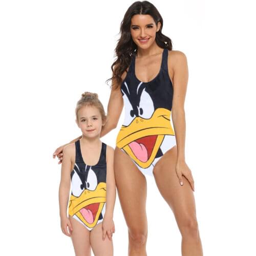 Family Matching Swimwear Mother Daughter One Piece Bathing Suit Mommy Girls Black Duck Cartoon Print Monokini Bikini Beach Wear