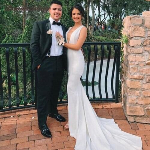 Sexy Deep V-Neck Mermaid Wedding Dresses Sheath Backless Side Split Bridal Dress Court Train Custom Made Boho Dress