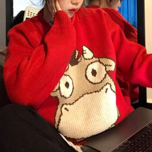 Harajuku Cartoon Cow Print Lazy Style Sweater Women Winter Street Clothing Loose Long-Sleeved Knitted Sweater WomenS Pullover