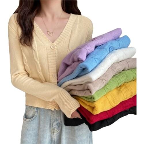 Short Slim V-Neck Sweater Women Spring And Autumn 2021 New Single-Breasted Female Knitted Cardigan Twist Small Jackets Fashion