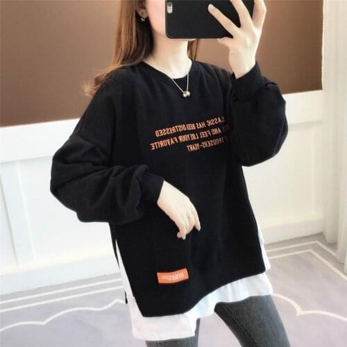2021 new cotton spring autumn sweater womens clothing, large loose Korean version fashion fake two foreign style top fashion