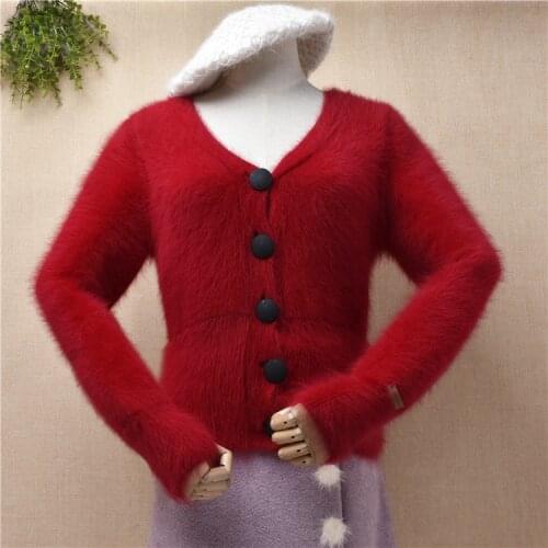 Ladies women christmas red hairy plush mink cashmere knitwear long sleeves v-neck slim cardigans angora fur jacket coat sweater