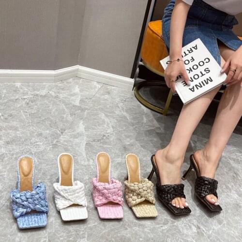 2021 New Brand Women Summer Slipper Fashion Weave Square Toe Thin High Heel Gladiator Beach Sandal Outdoor Dress Slides Shoes
