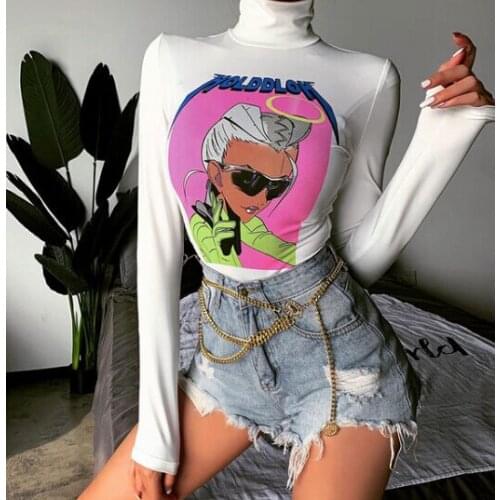 Womens Bodysuit Locomotive Girl Printed Long Sleeve Turtleneck Romper Stretchy Leotard Female Streetwear Activewear Outfits