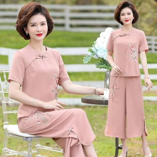 Women Two Piece Wide Leg Pant Set And Blouse Top Spring Casual Elegant Short Sleeve Pink Minimalist Classic Outfit Female 2021