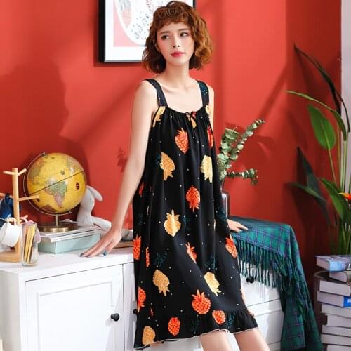 Young Style Ladies Print Cotton Sleep Dress Summer New Nightwear Sexy Wide shoulder belt Nightgown Sleepwear Thin Nightgown