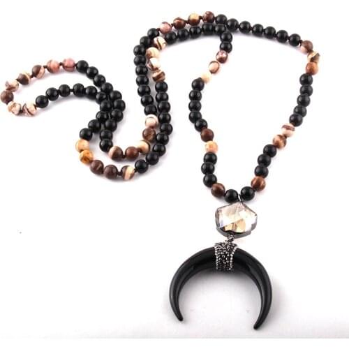 Fashion 108 Beads Mala Black Stone Knotted Plum Blossom Crystal Link Black Moon Charm Pendant Necklace Women Yoga Necklace