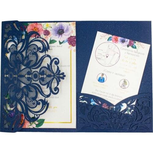1pcs Wedding Invitation Cards White Gold Navy Blue Flower Tri fold Glitter Laser Cut pocketfold invite Envelope free shipping