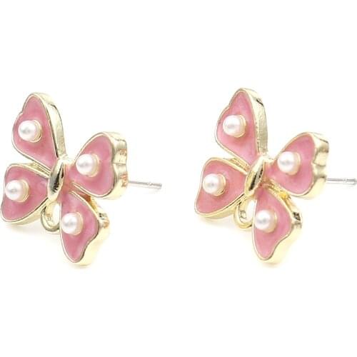 New Fashion Stud Earrings For Women Jewelry Findings Bowknot White & Pink W/ Loop Earrings DIY Charms 17mm x 14mm, , 4 PCs