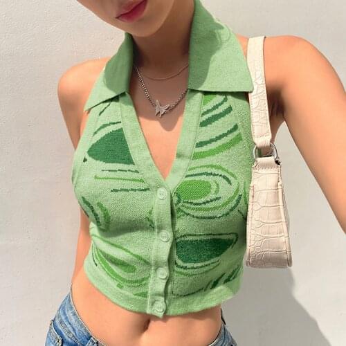 Green Paisley Y2k Crop Tank Tops Halter Knit Vest For Women Sexy Backless Fashion 2021Summer Slim Outfits Single-Breast Female