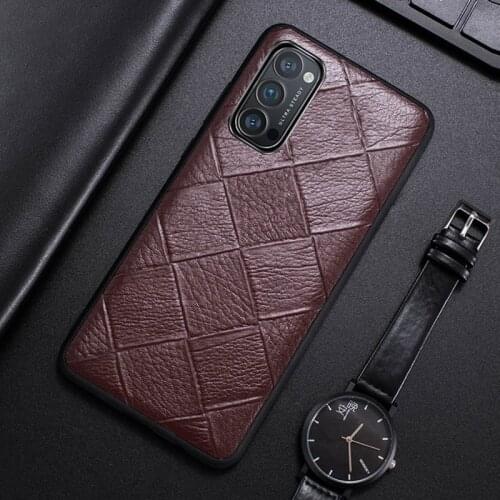 Genuine Leather Phone Case For OPPO Reno 4 3 R17 R15 Pro Find X2 Lite 5G Luxury Natural Cowhide Skin Rhombus Texture Back Cover