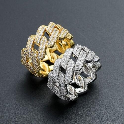 Trendy Hip Hop Rock Ring Men Luxury AAA+ Zircon Gold Rhinestone Cuban Chain Iced Out Women Exquisite Gift Jewelry