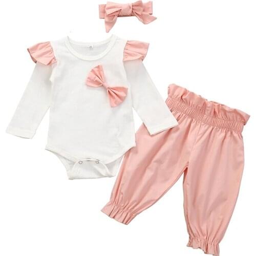 Newborn Baby Girl Clothes Set 3Pcs Autumn Infant Outfit Bowknot Tops Romper Pink Pants Headbands Cotton Toddler Clothing Sets