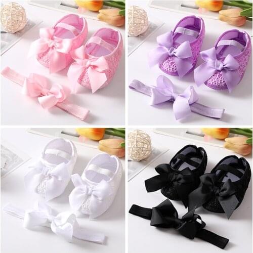 Soft Sole Flower Newborn Baby Girl Christening Shoes Headband Set 2021 Lovely Princess Lace Bowknot Infant Non Slip First Walker
