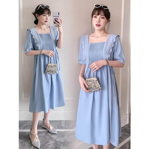 Summer Cotton Maternity Long Dresses French Elegant Puff Sleeve Slim Pregnancy Dress Loose Clothes For Pregnant Women 2021 New