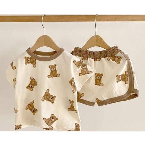 Summer boys and girls loose bear Short Sleeve Top Pants two piece set