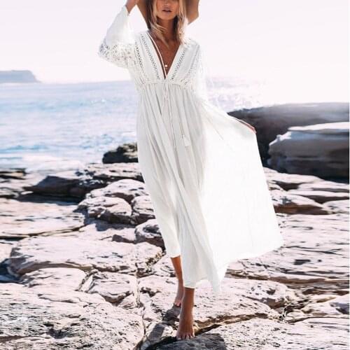 Summer Beach Swimsuit Cover Up Deep V Neck Hollow Long Dress Beach Wear Lace Tunics Dresses Women Boho Beach Dress