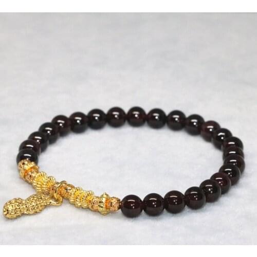 Hot Sale Fashion 6mm Natural Garnet Strand Bracelets Round Beads Gold-color Lucky Pendant New Arrival Jewelry 7.5inch B2099
