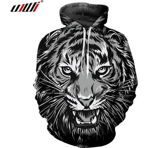 UJWI Man Black White Funny Animal Casual Hoodies 3D Printed Tiger Pattern Clothing Unisex Wholesale Oversized Mens Pullover